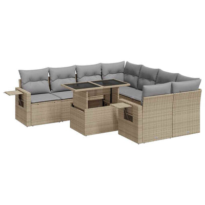 9 Piece Garden Sofa Set with Cushions Beige Poly Rattan