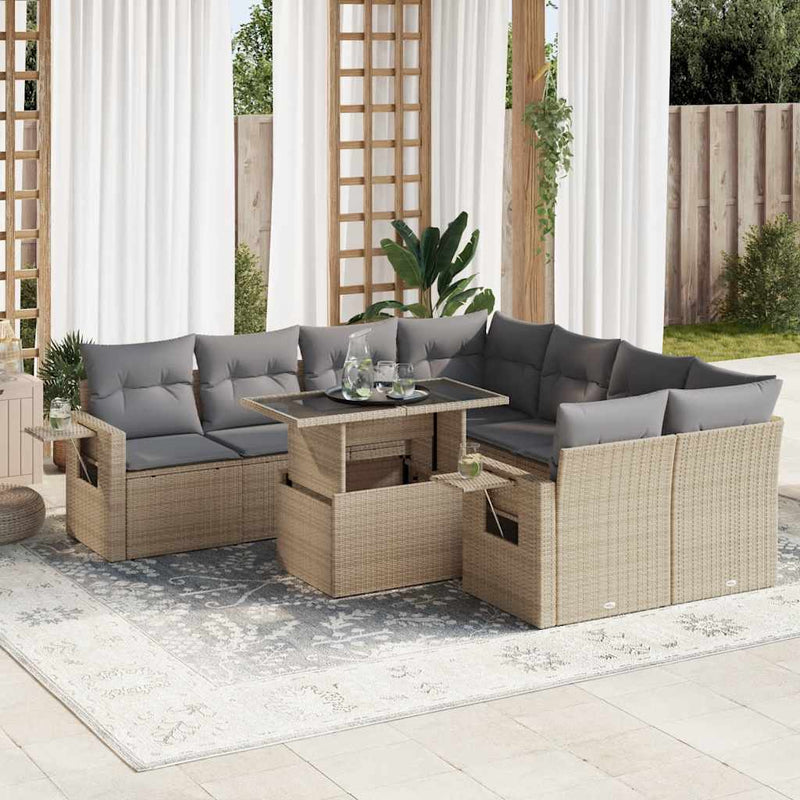 9 Piece Garden Sofa Set with Cushions Beige Poly Rattan