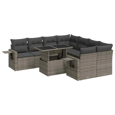 9 Piece Garden Sofa Set with Cushions Grey Poly Rattan