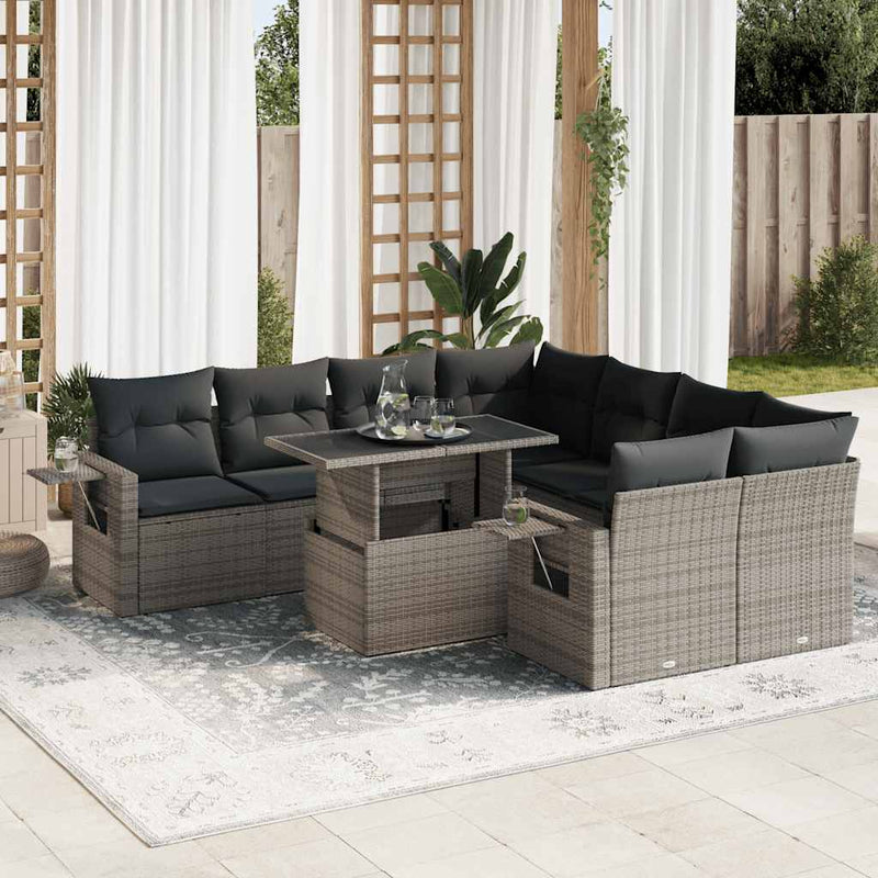 9 Piece Garden Sofa Set with Cushions Grey Poly Rattan