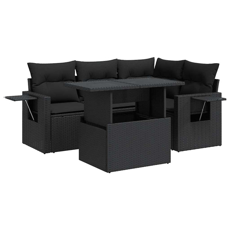 5 Piece Garden Sofa Set with Cushions Black Poly Rattan