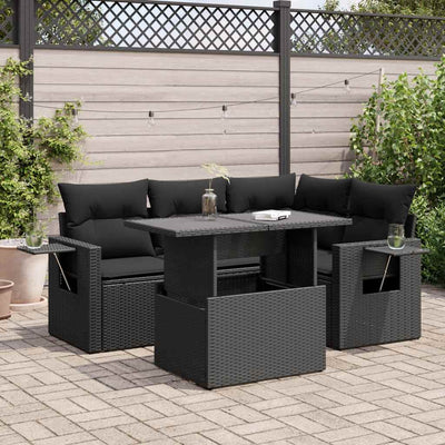 5 Piece Garden Sofa Set with Cushions Black Poly Rattan