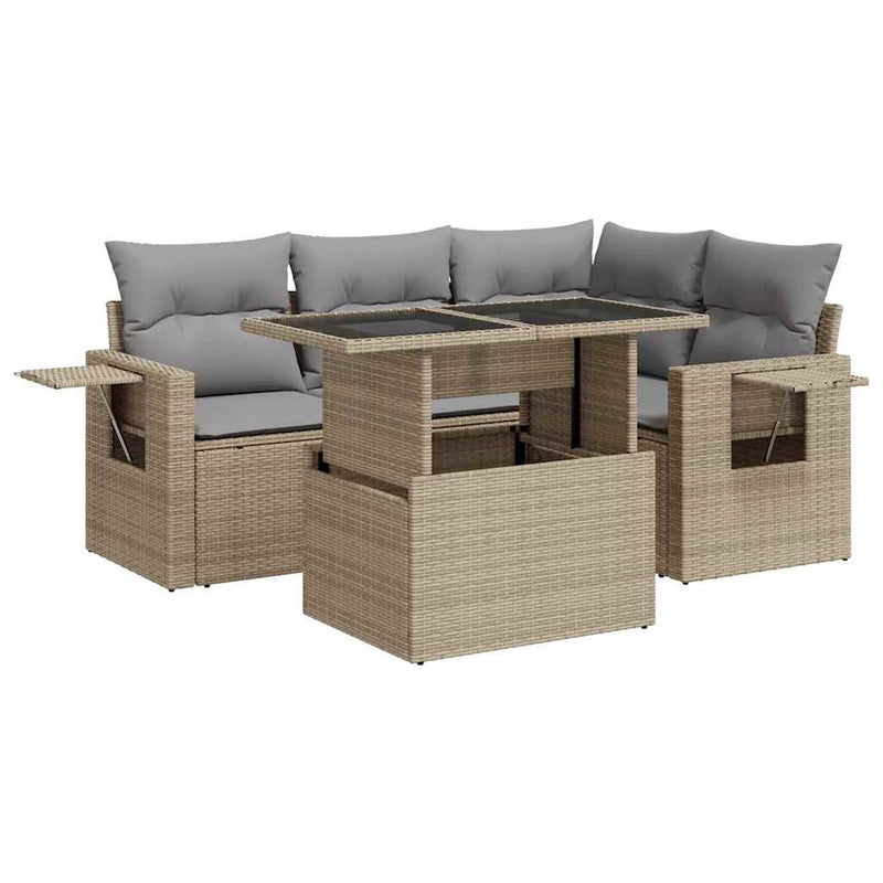 5 Piece Garden Sofa Set with Cushions Beige Poly Rattan