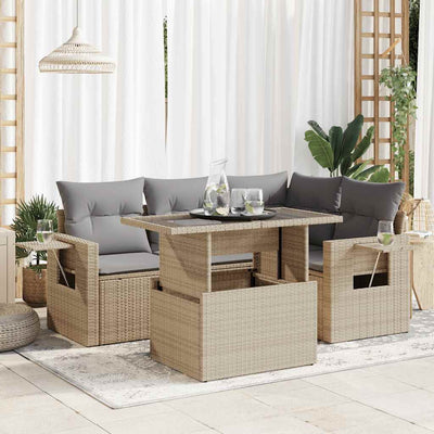 5 Piece Garden Sofa Set with Cushions Beige Poly Rattan