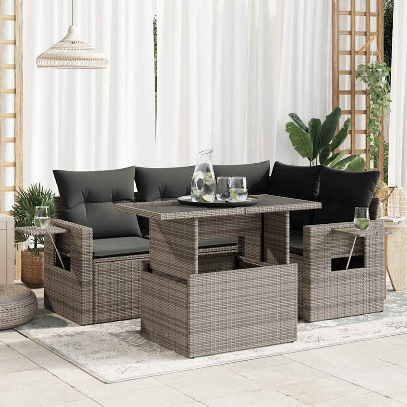 5 Piece Garden Sofa Set with Cushions Grey Poly Rattan