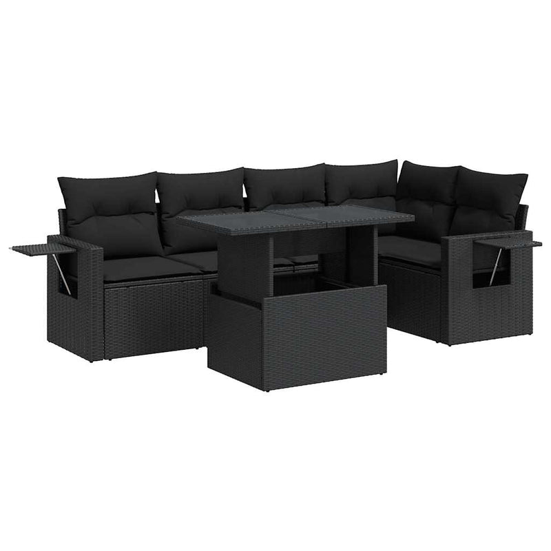 6 Piece Garden Sofa Set with Cushions Black Poly Rattan