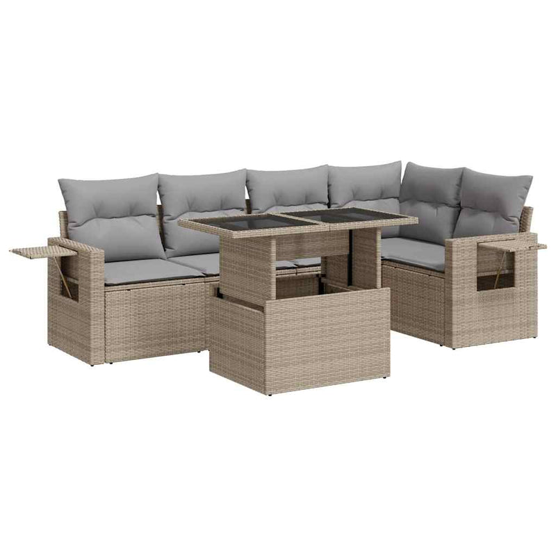 6 Piece Garden Sofa Set with Cushions Beige Poly Rattan