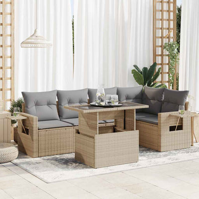 6 Piece Garden Sofa Set with Cushions Beige Poly Rattan