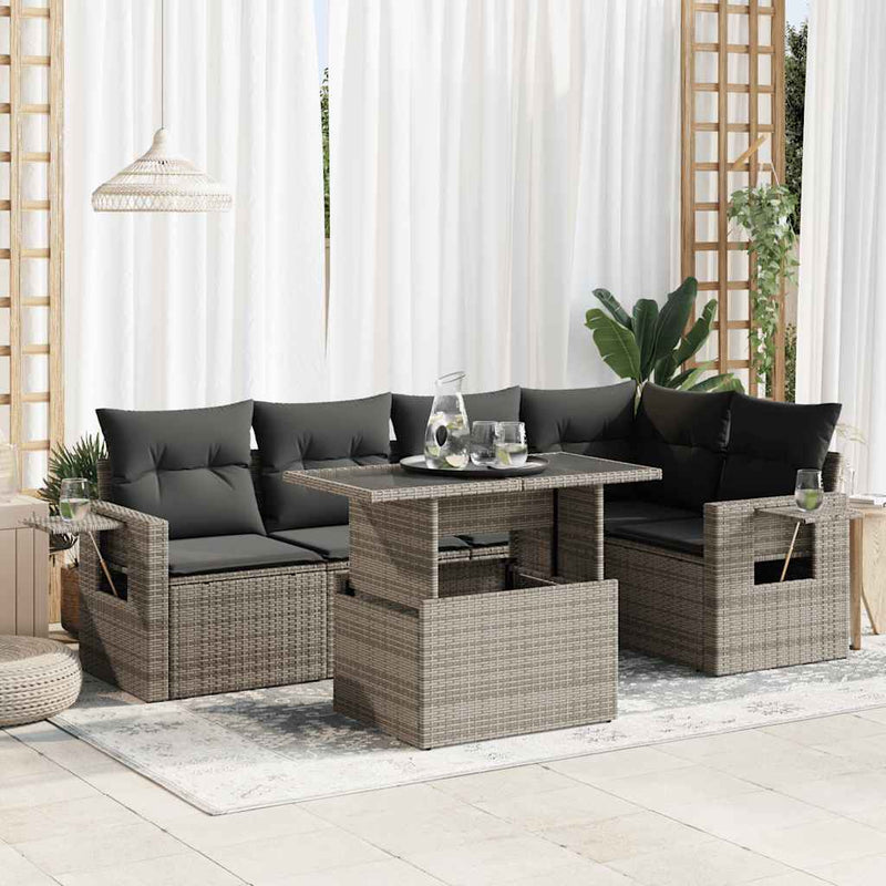 6 Piece Garden Sofa Set with Cushions Grey Poly Rattan