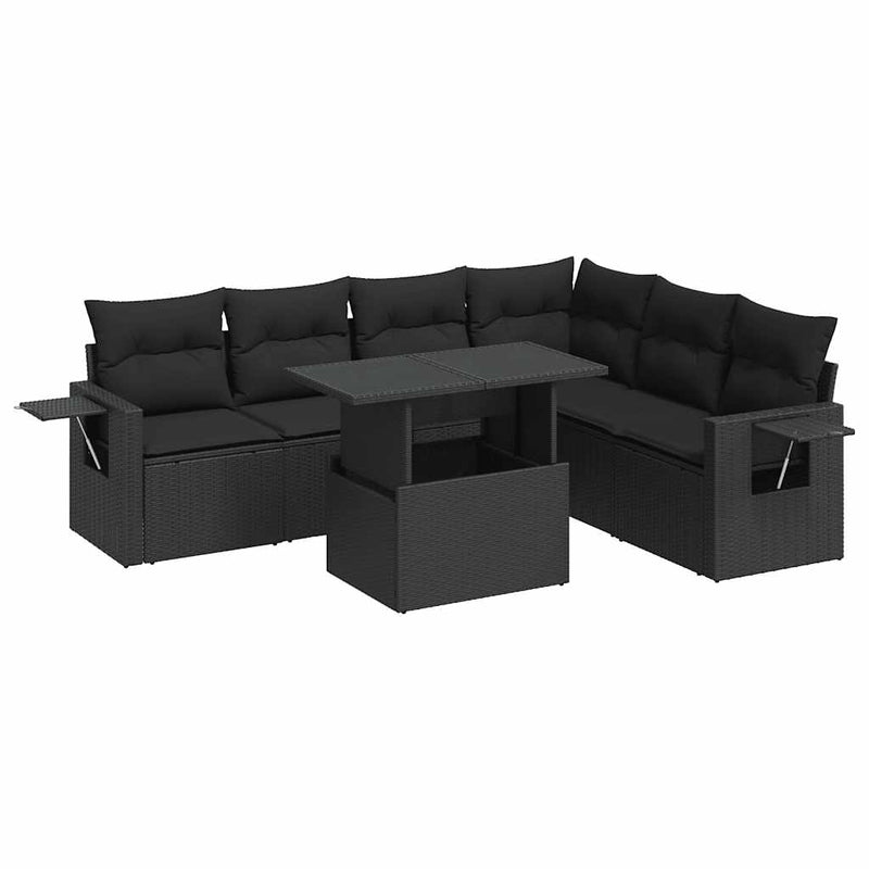 7 Piece Garden Sofa Set with Cushions Black Poly Rattan