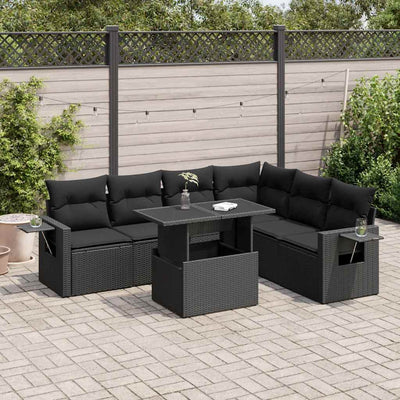 7 Piece Garden Sofa Set with Cushions Black Poly Rattan