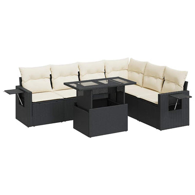 7 Piece Garden Sofa Set with Cushions Black Poly Rattan