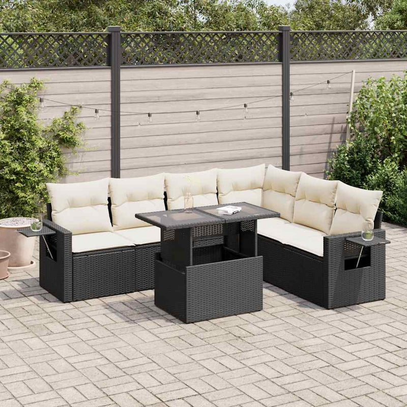 7 Piece Garden Sofa Set with Cushions Black Poly Rattan