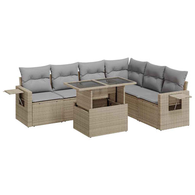 7 Piece Garden Sofa Set with Cushions Beige Poly Rattan