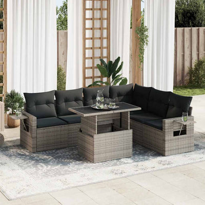 7 Piece Garden Sofa Set with Cushions Grey Poly Rattan