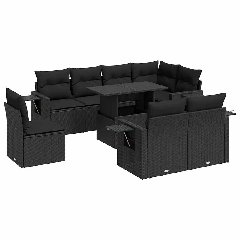 9 Piece Garden Sofa Set with Cushions Black Poly Rattan