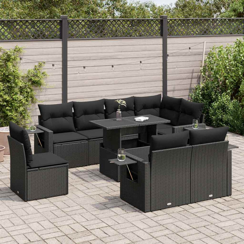 9 Piece Garden Sofa Set with Cushions Black Poly Rattan