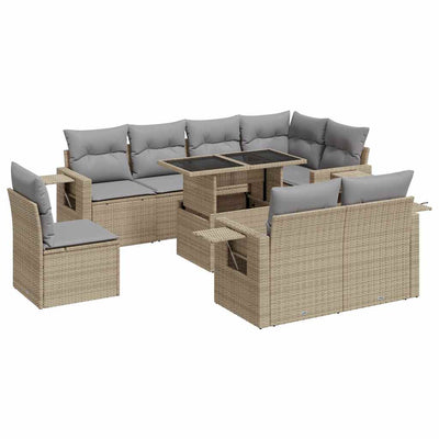 9 Piece Garden Sofa Set with Cushions Beige Poly Rattan