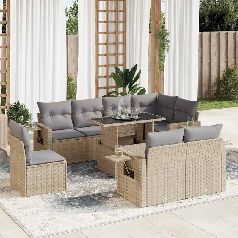 9 Piece Garden Sofa Set with Cushions Beige Poly Rattan