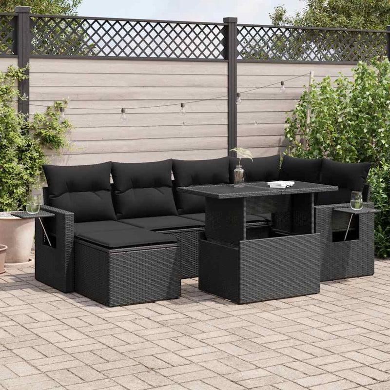 7 Piece Garden Sofa Set with Cushions Black Poly Rattan