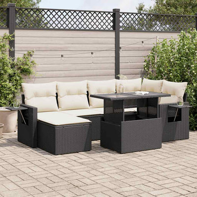 7 Piece Garden Sofa Set with Cushions Black Poly Rattan