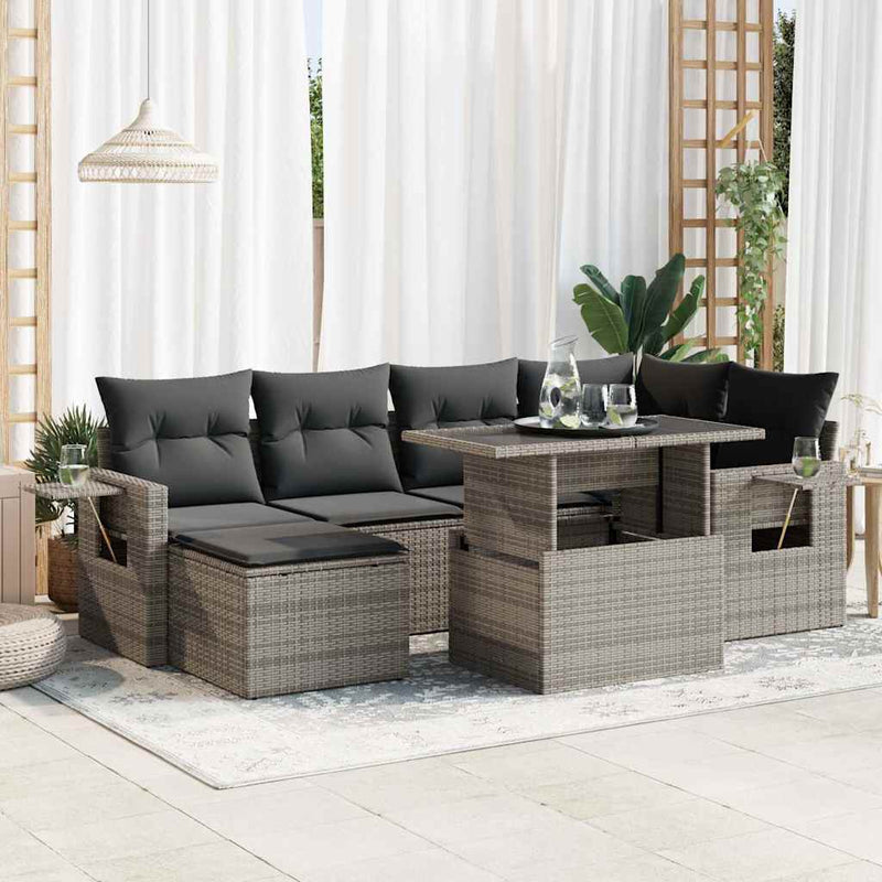 7 Piece Garden Sofa Set with Cushions Grey Poly Rattan