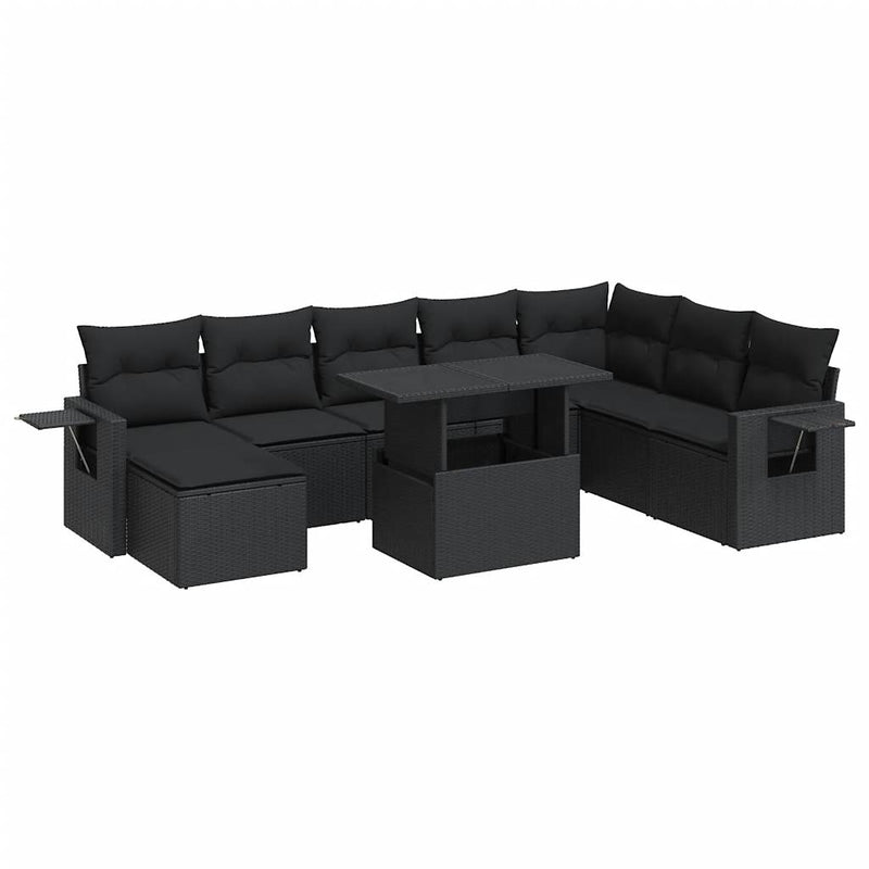 9 Piece Garden Sofa Set with Cushions Black Poly Rattan