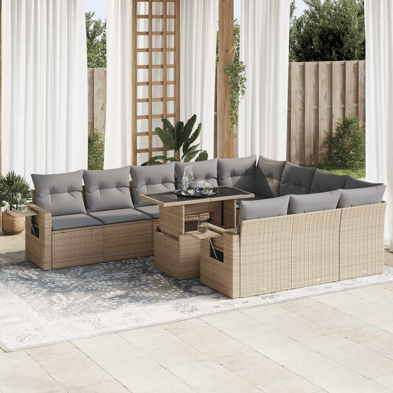 11 Piece Garden Sofa Set with Cushions Beige Poly Rattan