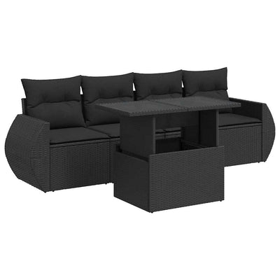 5 Piece Garden Sofa Set with Cushions Black Poly Rattan