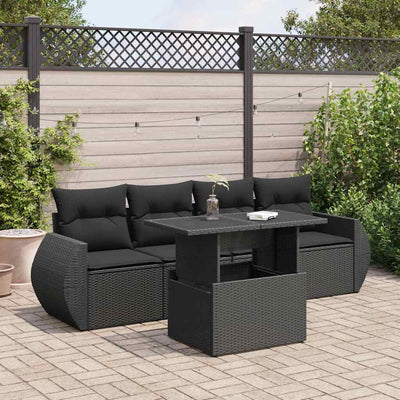 5 Piece Garden Sofa Set with Cushions Black Poly Rattan