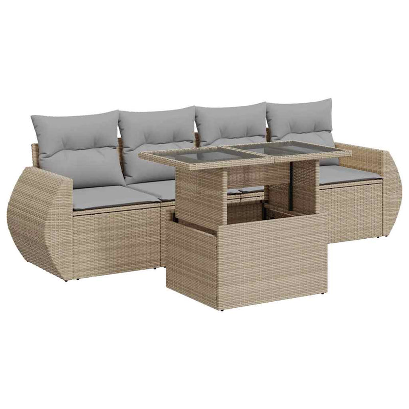 5 Piece Garden Sofa Set with Cushions Beige Poly Rattan