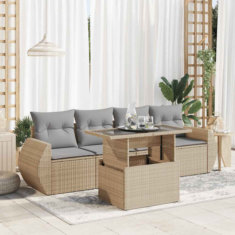 5 Piece Garden Sofa Set with Cushions Beige Poly Rattan