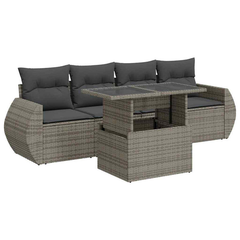 5 Piece Garden Sofa Set with Cushions Grey Poly Rattan