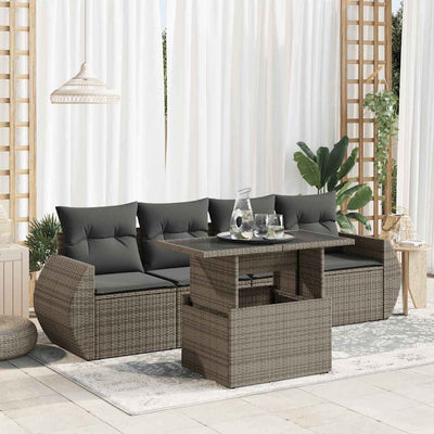 5 Piece Garden Sofa Set with Cushions Grey Poly Rattan