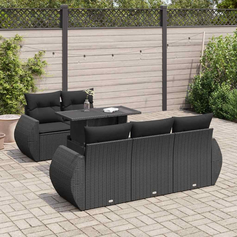 6 Piece Garden Sofa Set with Cushions Black Poly Rattan