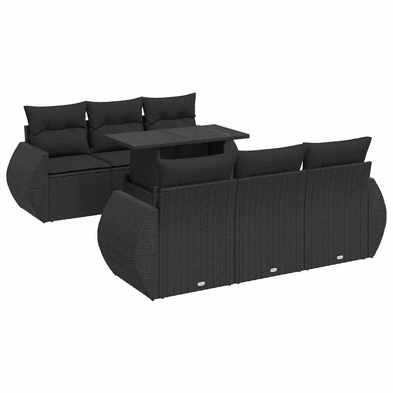 7 Piece Garden Sofa Set with Cushions Black Poly Rattan