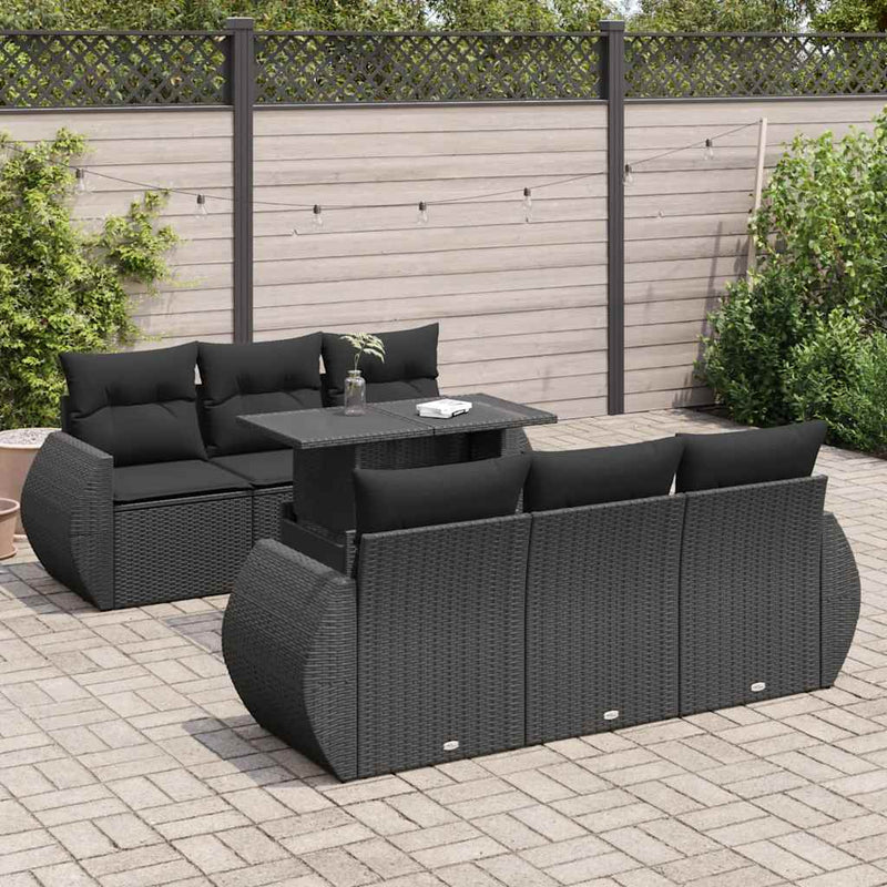 7 Piece Garden Sofa Set with Cushions Black Poly Rattan