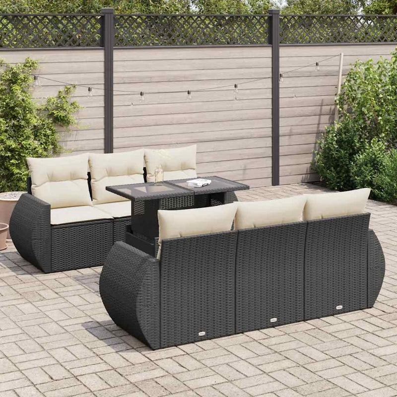 7 Piece Garden Sofa Set with Cushions Black Poly Rattan