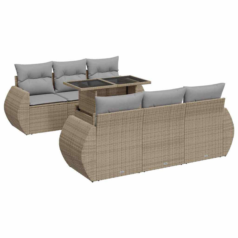 7 Piece Garden Sofa Set with Cushions Beige Poly Rattan