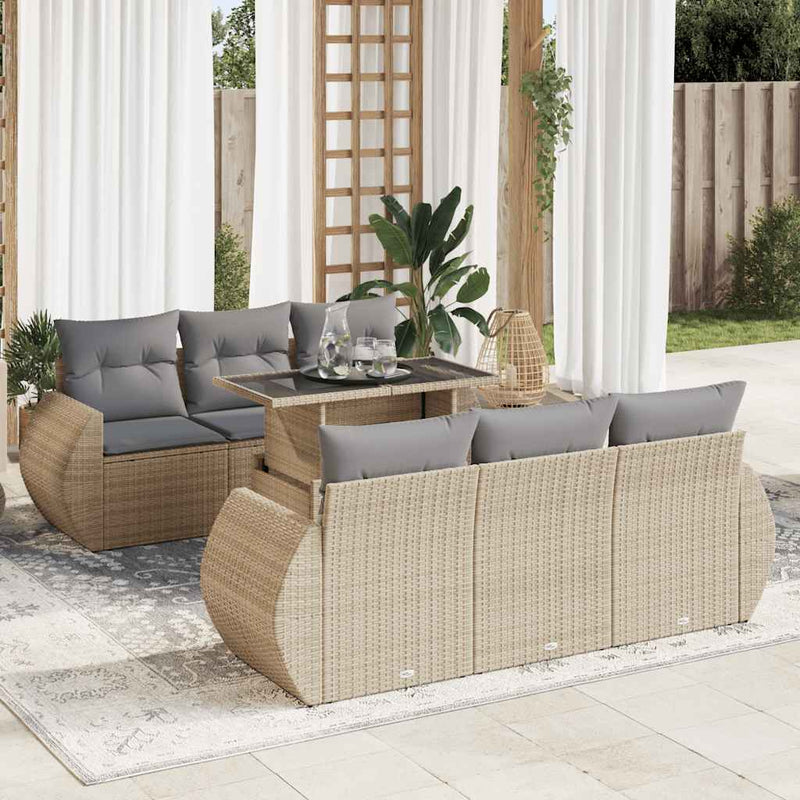 7 Piece Garden Sofa Set with Cushions Beige Poly Rattan