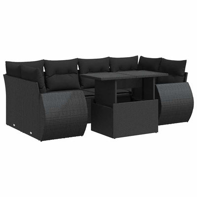 7 Piece Garden Sofa Set with Cushions Black Poly Rattan