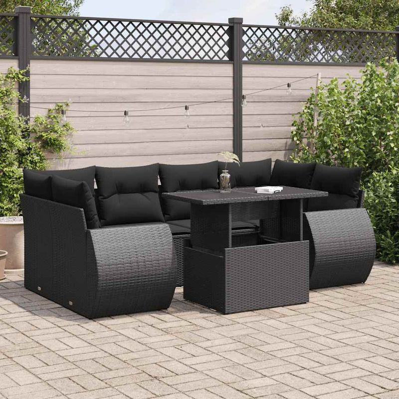 7 Piece Garden Sofa Set with Cushions Black Poly Rattan