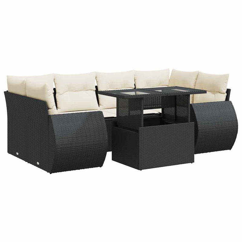 7 Piece Garden Sofa Set with Cushions Black Poly Rattan