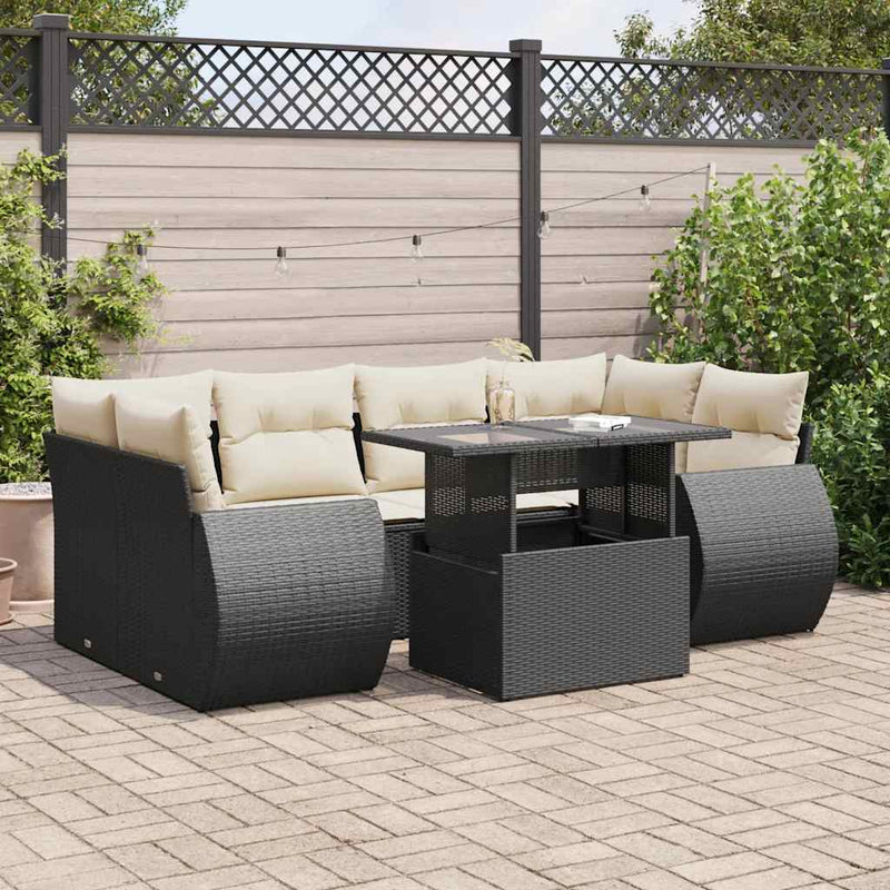 7 Piece Garden Sofa Set with Cushions Black Poly Rattan