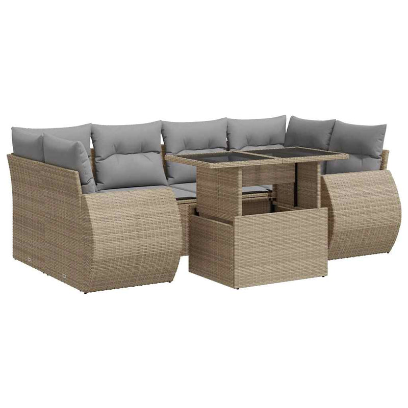 7 Piece Garden Sofa Set with Cushions Beige Poly Rattan