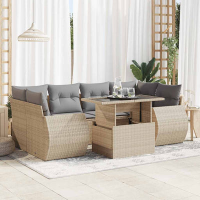 7 Piece Garden Sofa Set with Cushions Beige Poly Rattan