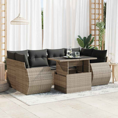 7 Piece Garden Sofa Set with Cushions Grey Poly Rattan