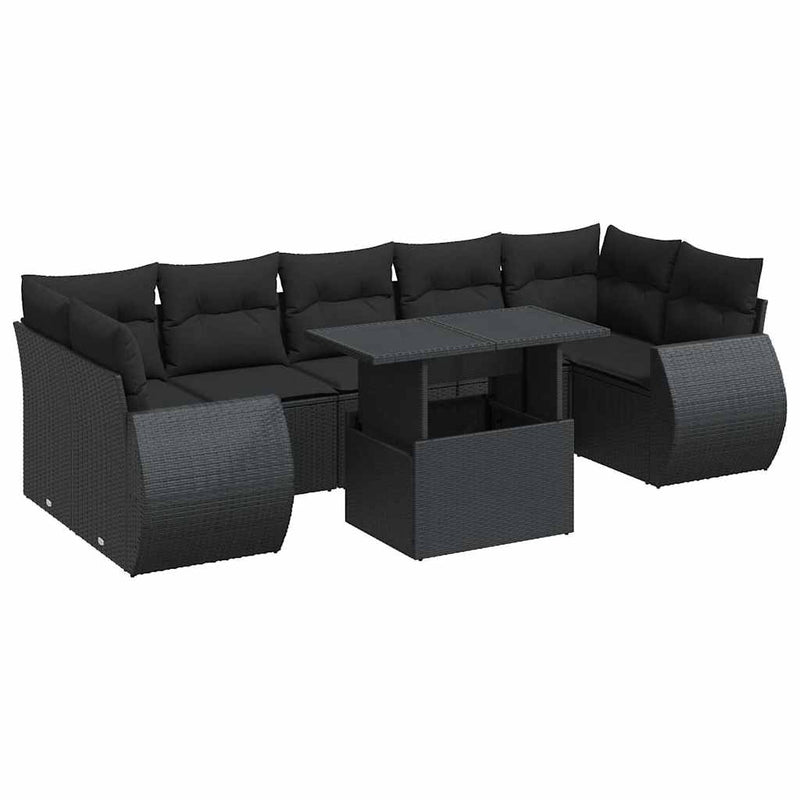 8 Piece Garden Sofa Set with Cushions Black Poly Rattan