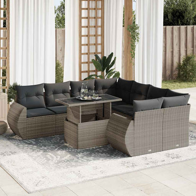 9 Piece Garden Sofa Set with Cushions Grey Poly Rattan