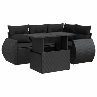 5 Piece Garden Sofa Set with Cushions Black Poly Rattan